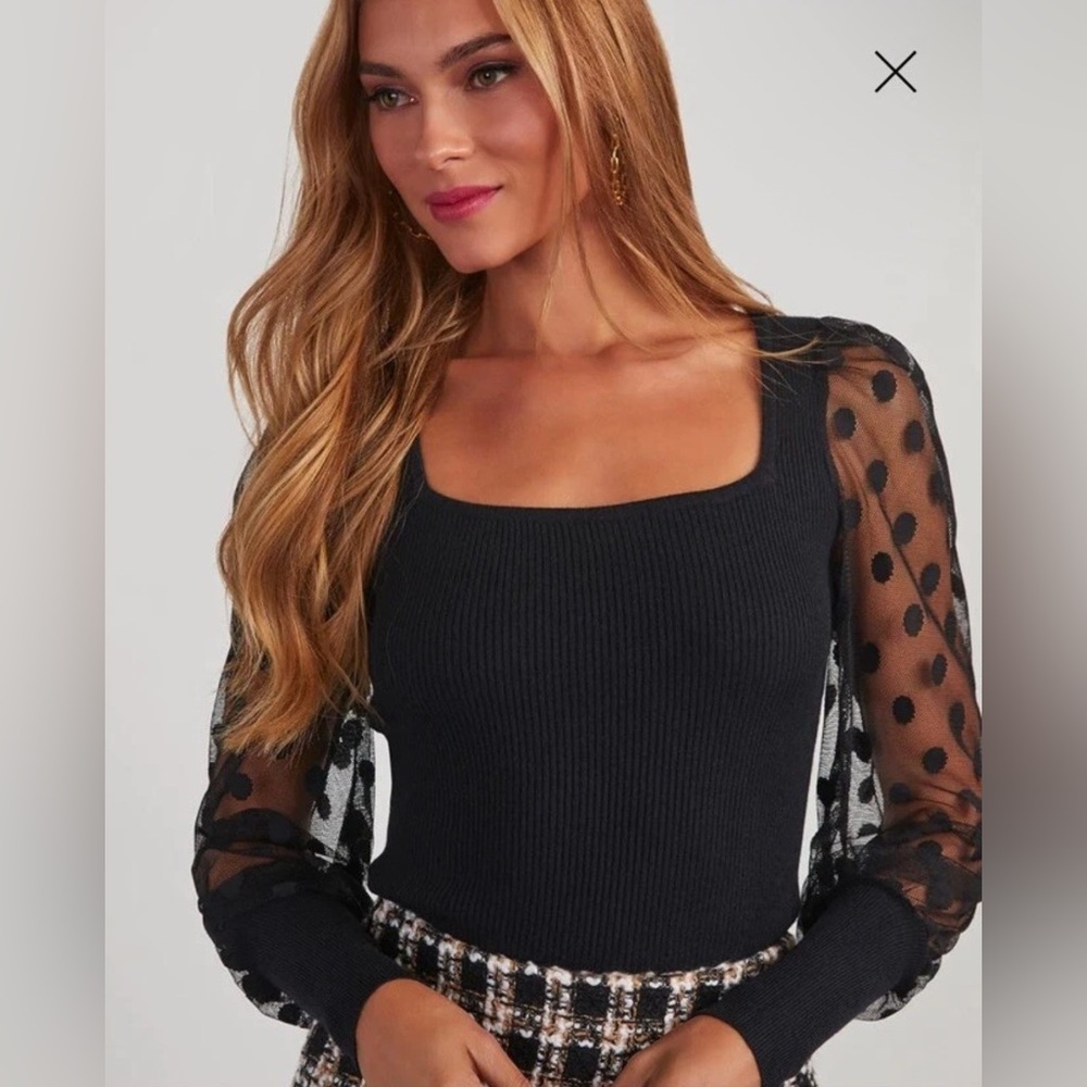 Vici Black Ribbed Square Top Sheer Dot Puff Sleeve Sweater Top XS X Small 0 2